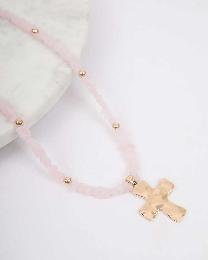 Colored Stones Cross Necklace - Pink