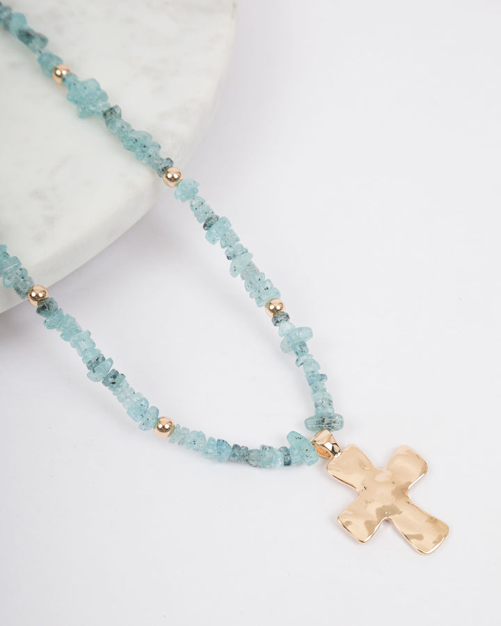 Colored Stones Cross Necklace - Blue