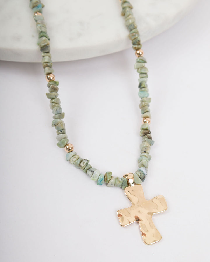 Colored Stones Cross Necklace - Green