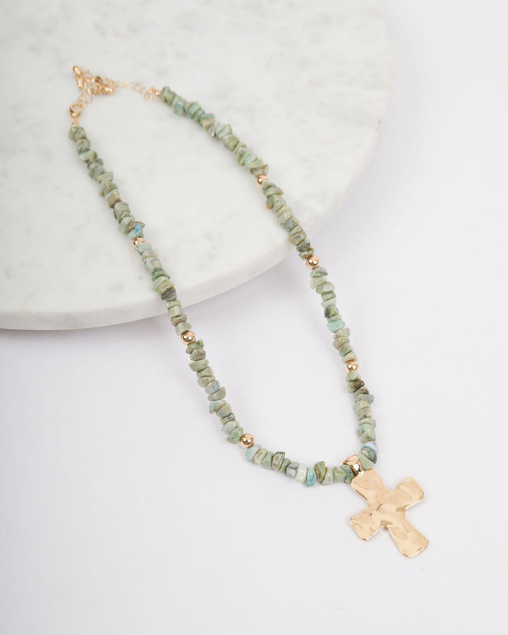 Colored Stones Cross Necklace - Green