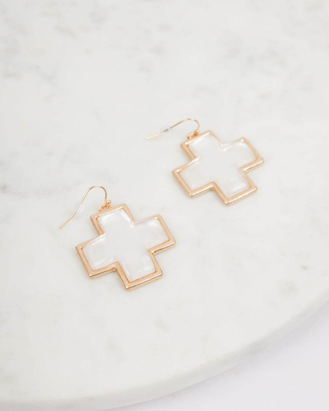 Gold Cross Earrings - White