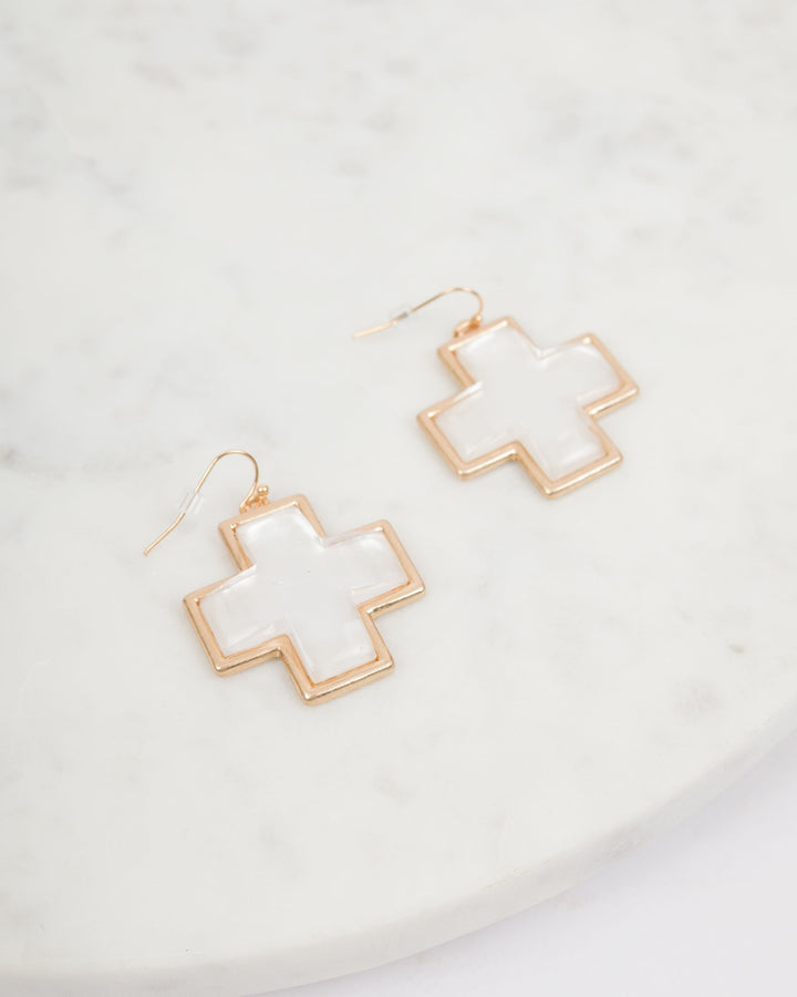 Gold Cross Earrings - White