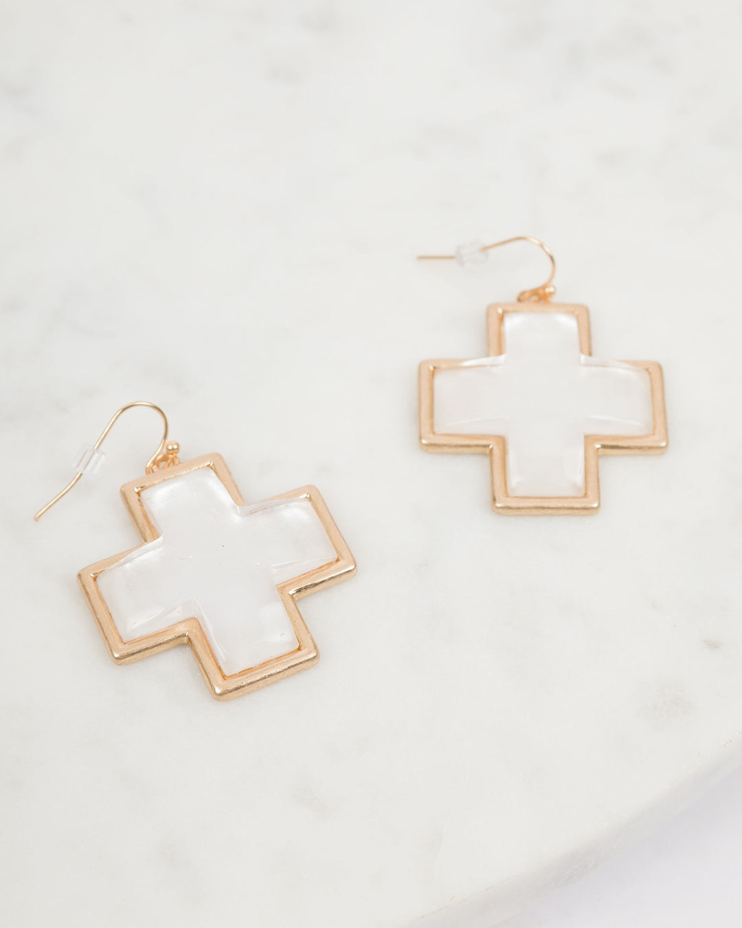 Gold Cross Earrings - White