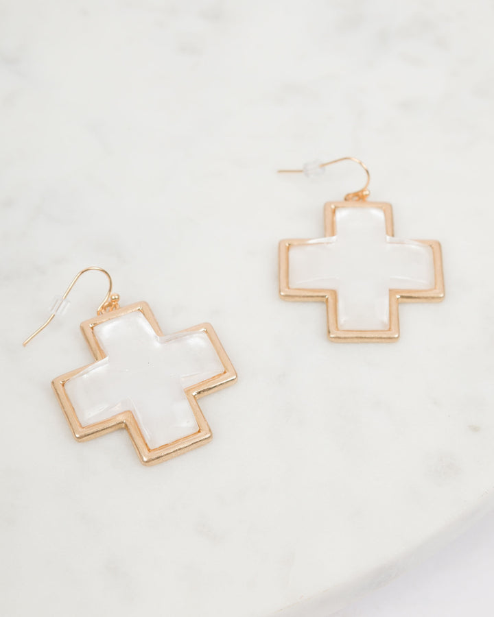 Gold Cross Earrings - White