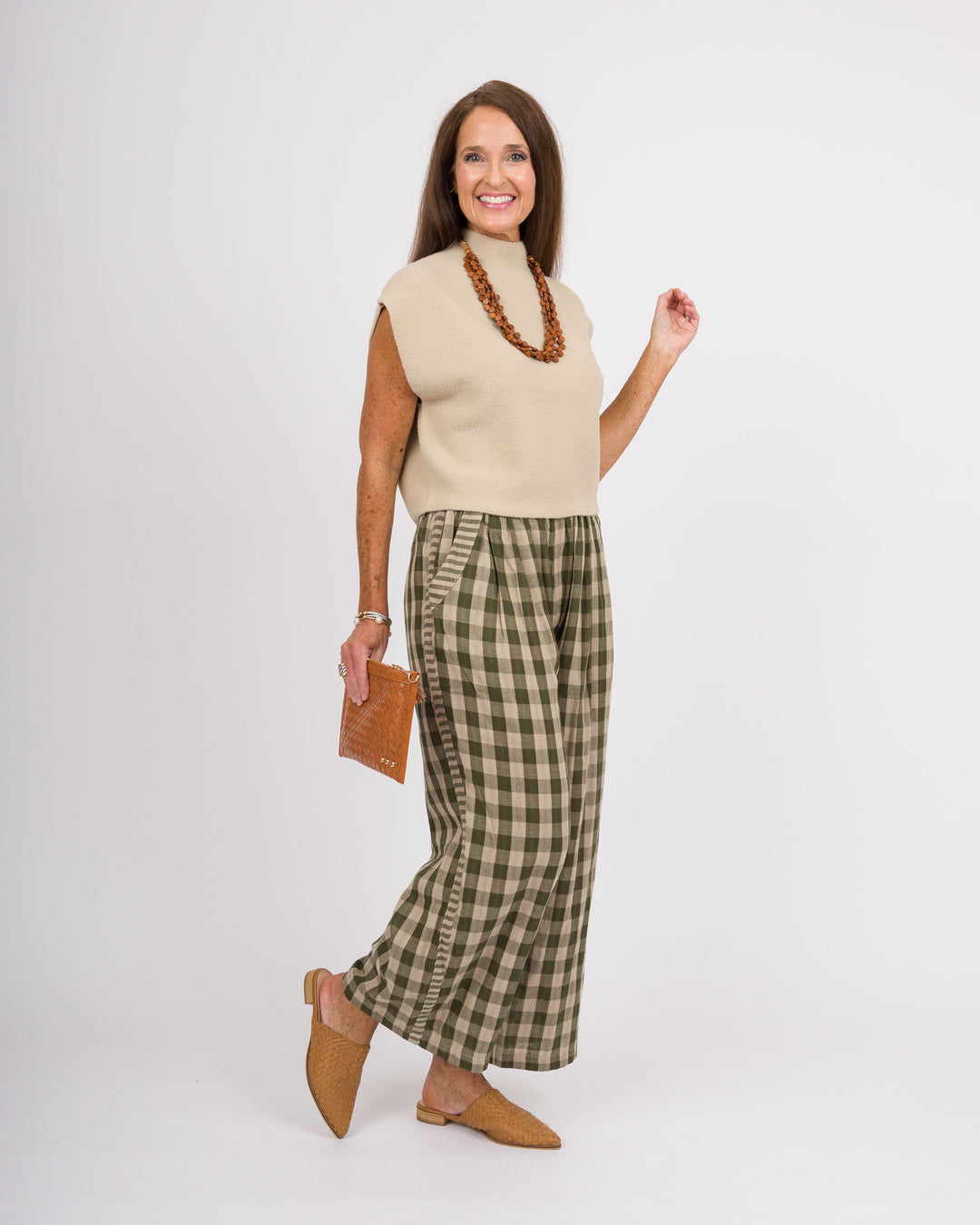 Melina Checkered Wide Leg Pants - Olive