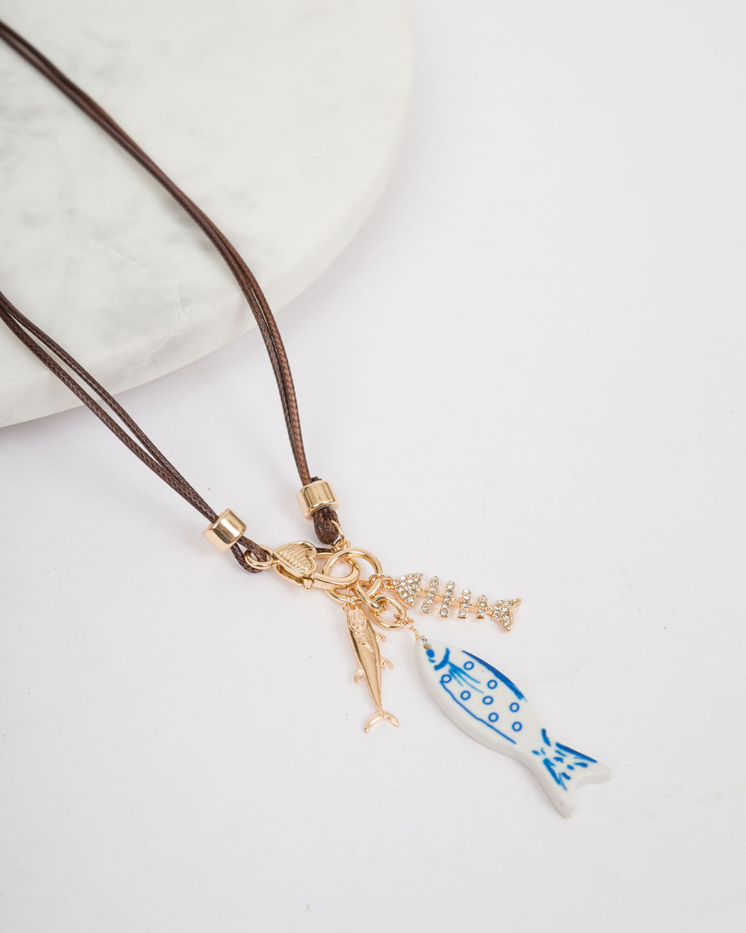 Brown Cord Necklace with 3 Fish Charms