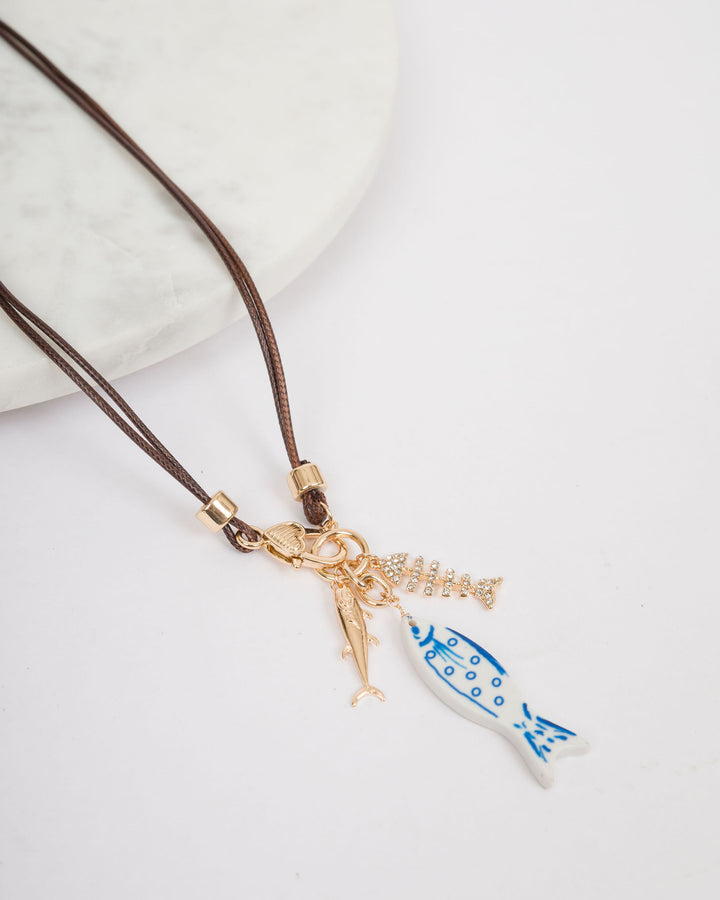 Brown Cord Necklace with 3 Fish Charms