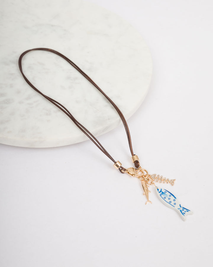 Brown Cord Necklace with 3 Fish Charms