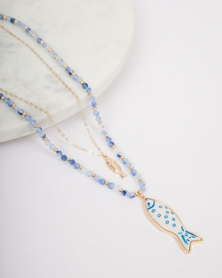 2 Layered Necklace with Fish Charms - Blue