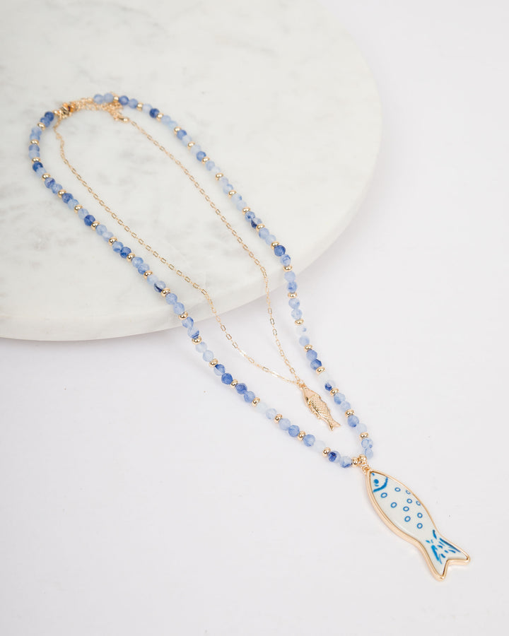 2 Layered Necklace with Fish Charms - Blue