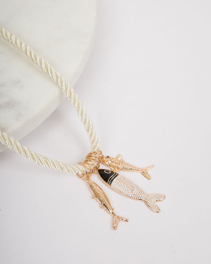 Off White Cord Necklace with 3 Fish Charms