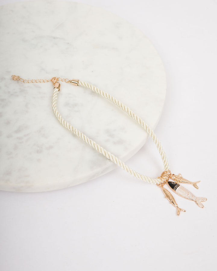 Off White Cord Necklace with 3 Fish Charms