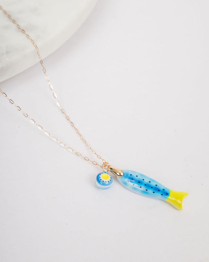 Painted Fish Charm Necklace - Blue