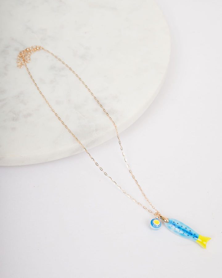 Painted Fish Charm Necklace - Blue