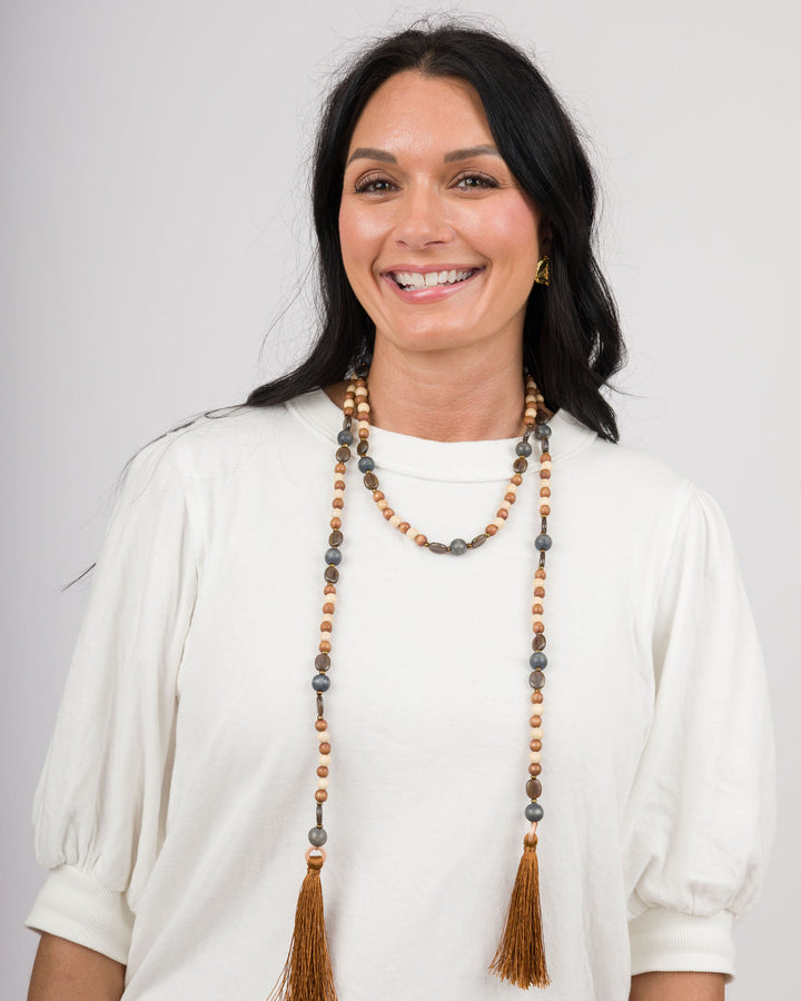 Wood Leather Necklace Tassle