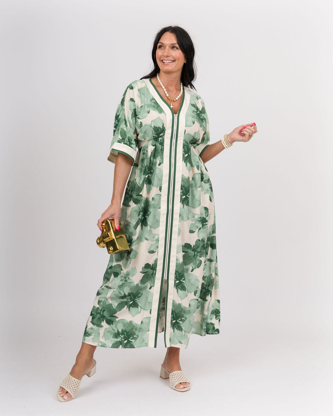 Front Zip Floral Midi Dress Kimono Sleeve