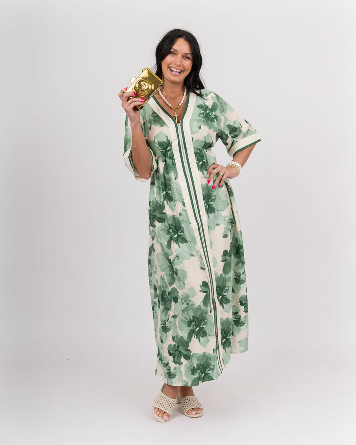 Front Zip Floral Midi Dress Kimono Sleeve