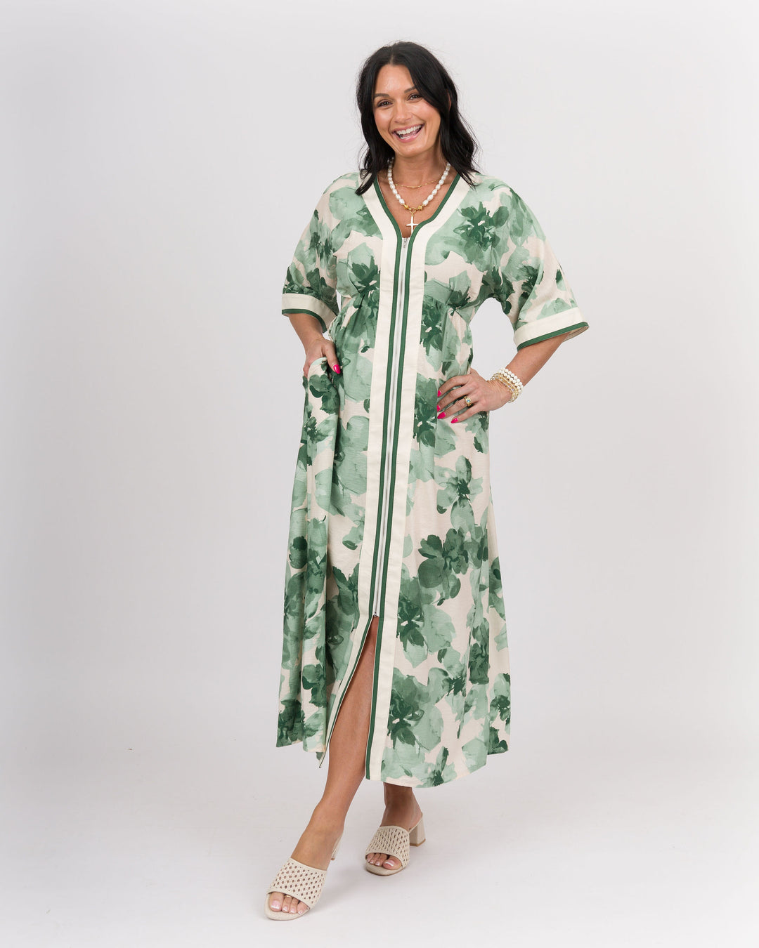 Front Zip Floral Midi Dress Kimono Sleeve
