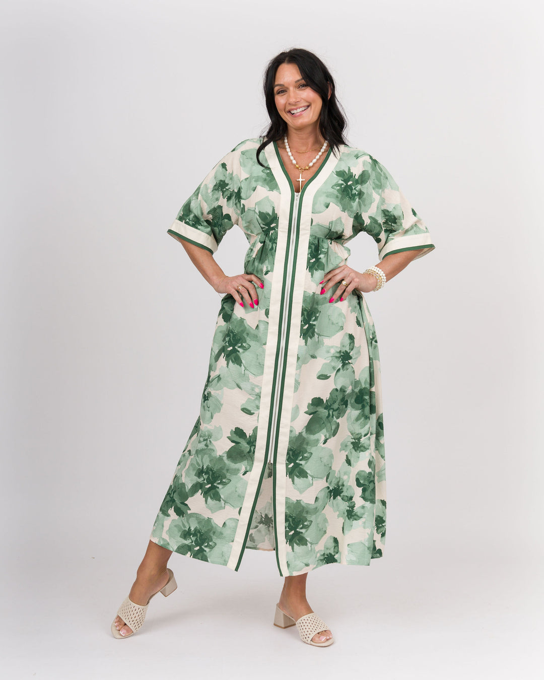 Front Zip Floral Midi Dress Kimono Sleeve