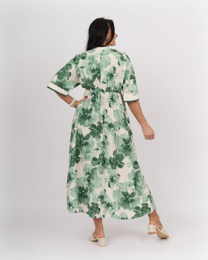 Front Zip Floral Midi Dress Kimono Sleeve