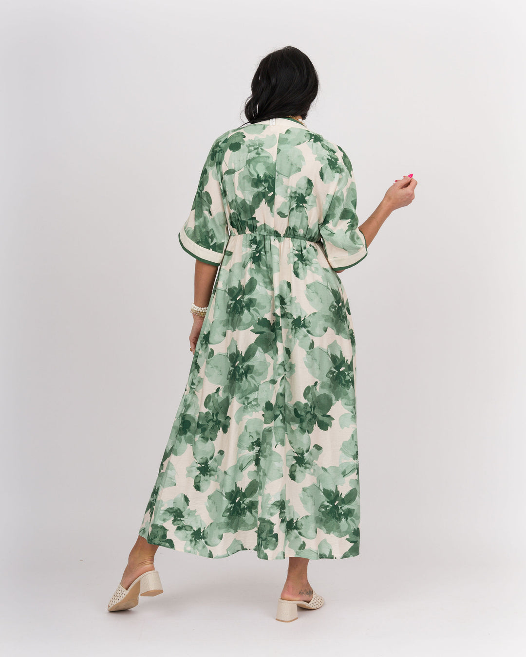 Front Zip Floral Midi Dress Kimono Sleeve