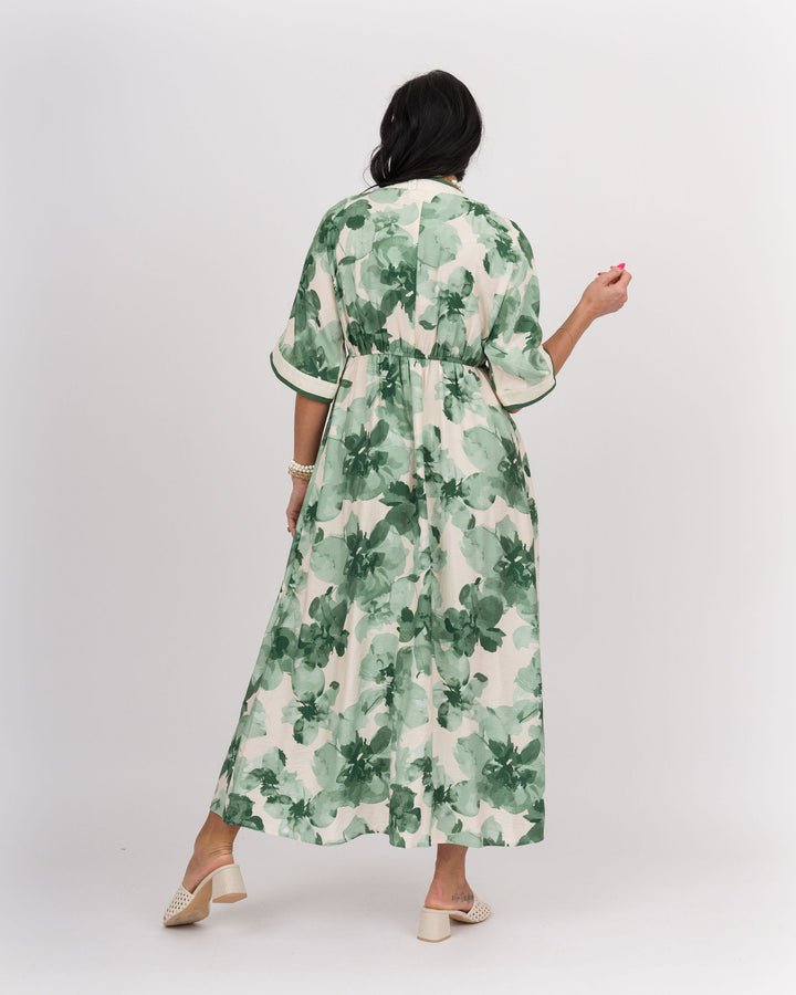 Front Zip Floral Midi Dress Kimono Sleeve