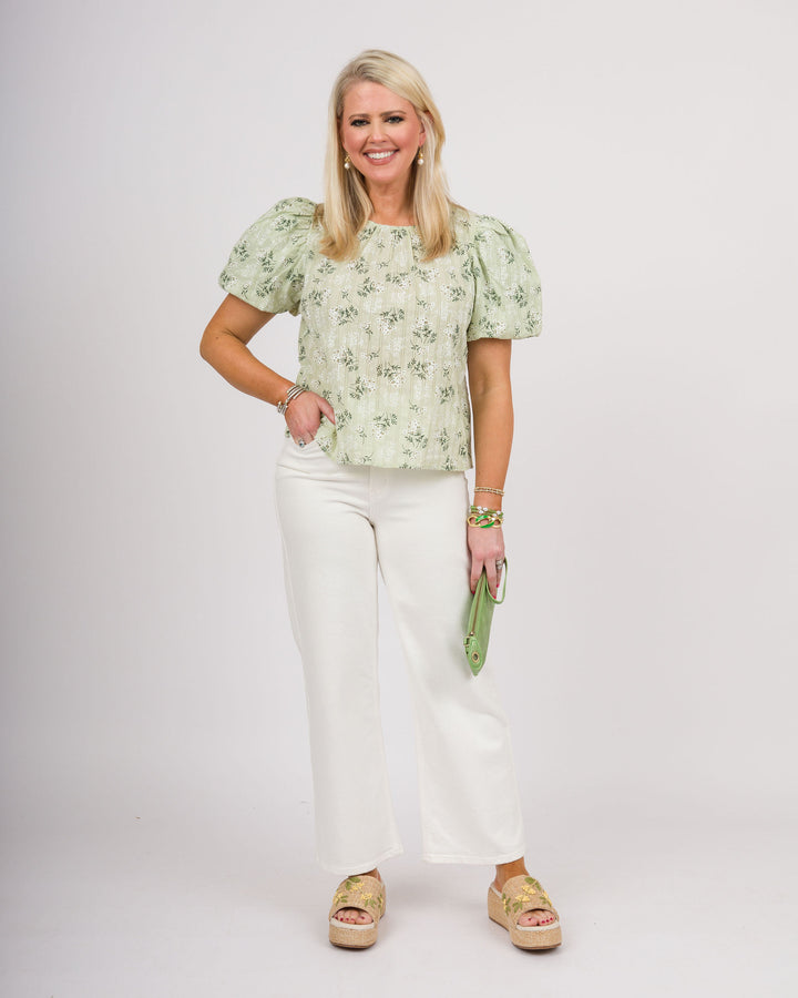 Floral Printed Puff Sleeve Blouse - Candy Mint