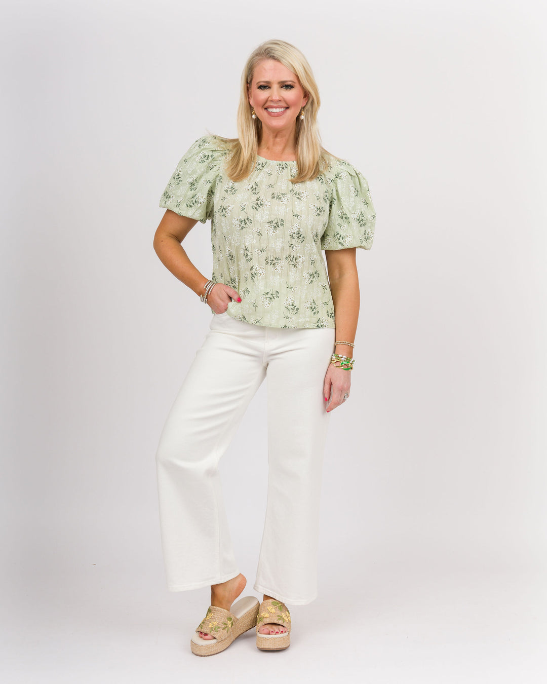 Floral Printed Puff Sleeve Blouse - Candy Mint