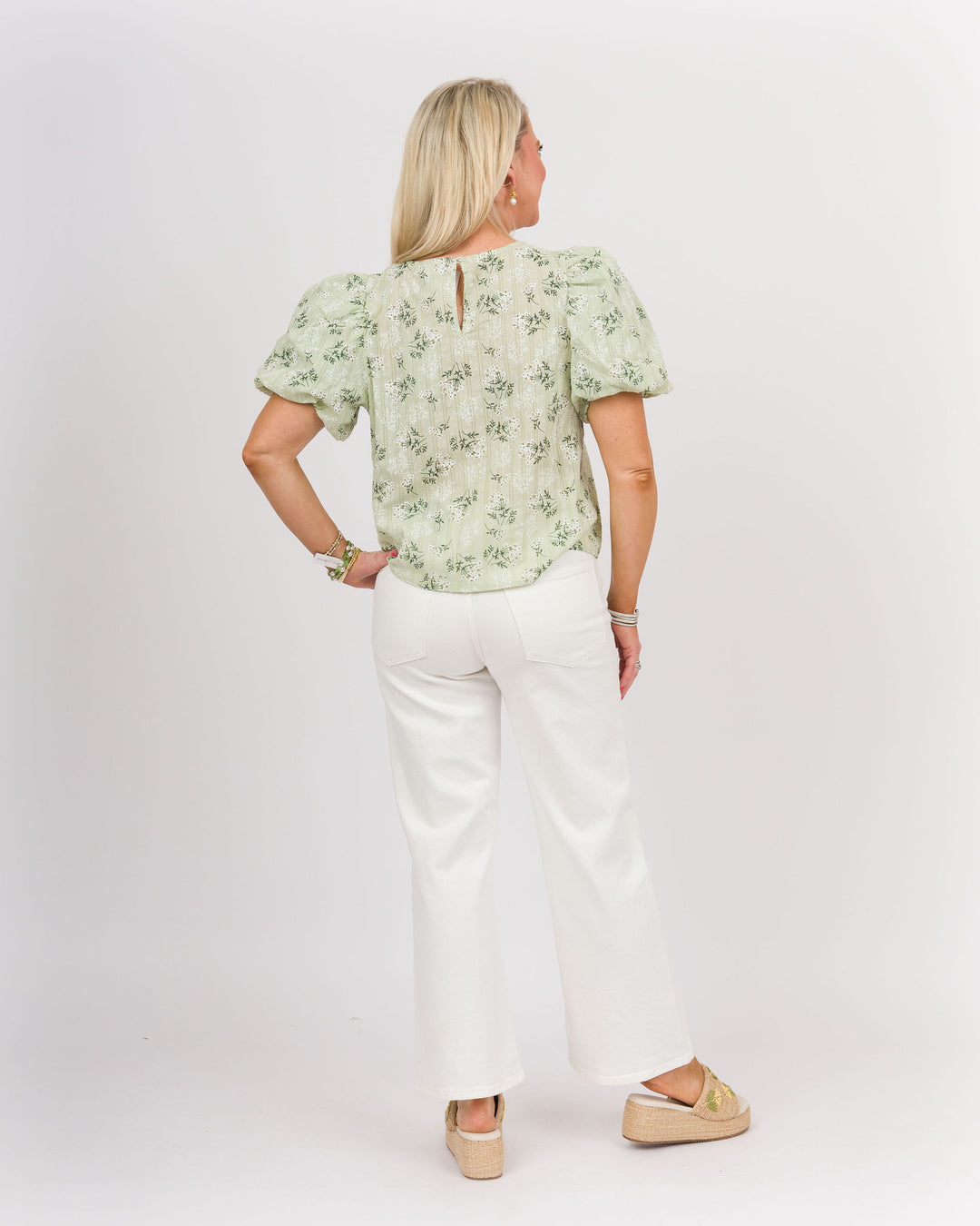 Floral Printed Puff Sleeve Blouse - Candy Mint