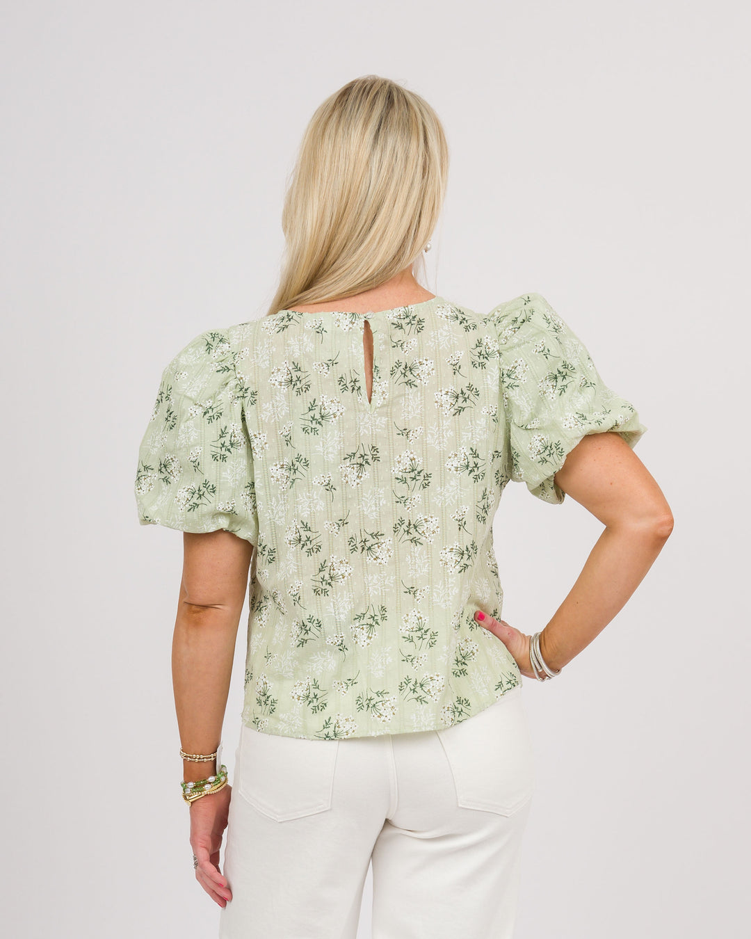 Floral Printed Puff Sleeve Blouse - Candy Mint
