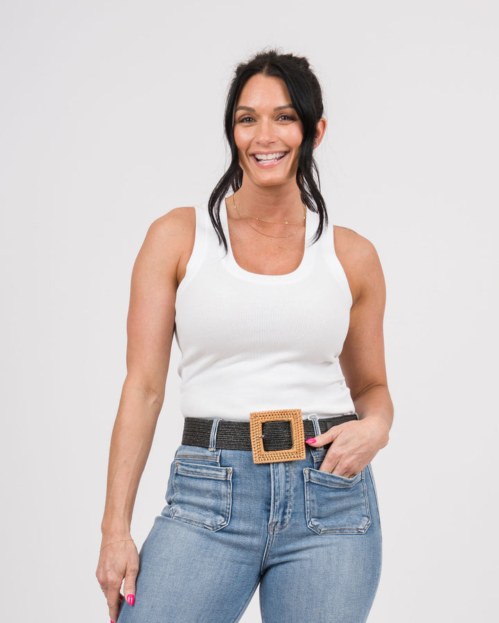 Large Square Buckle Straw Belt - Black