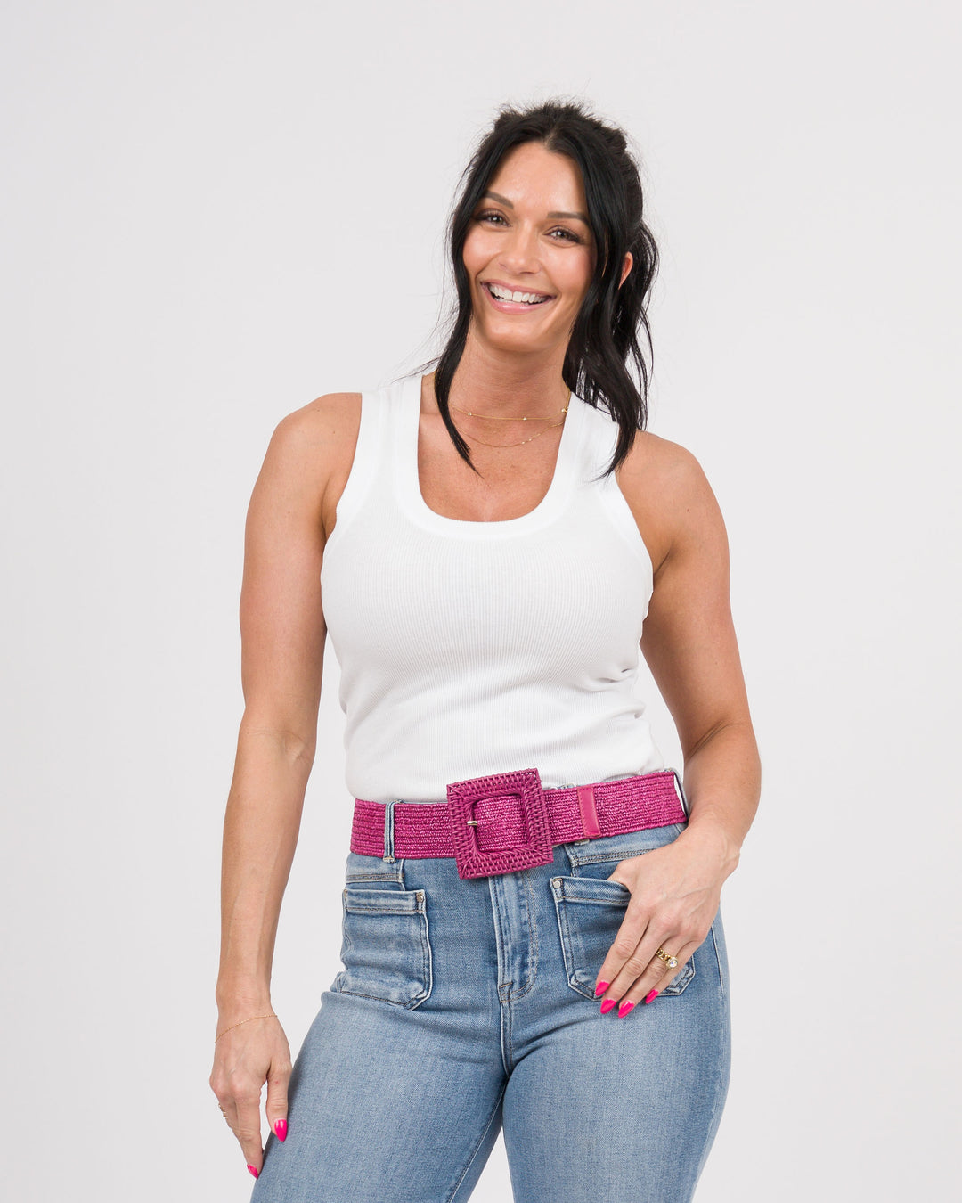 Large Square Buckle Straw Belt - Hot Pink