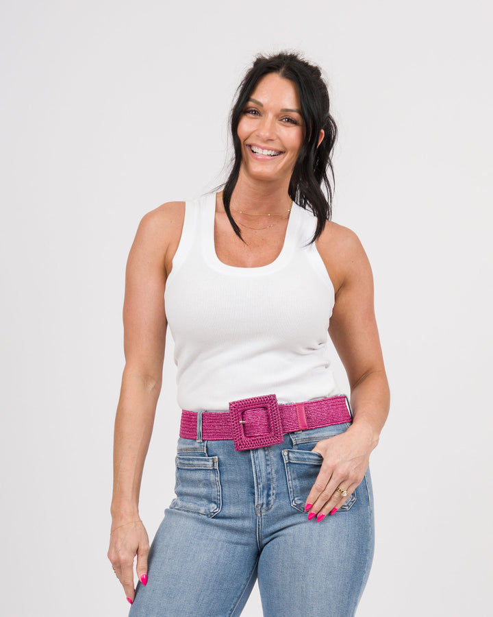 Large Square Buckle Straw Belt - Hot Pink