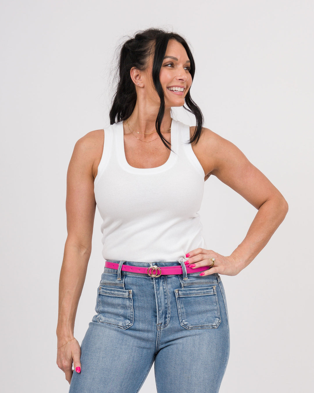 Small Leather Belt Gold Buckle - Hot Pink