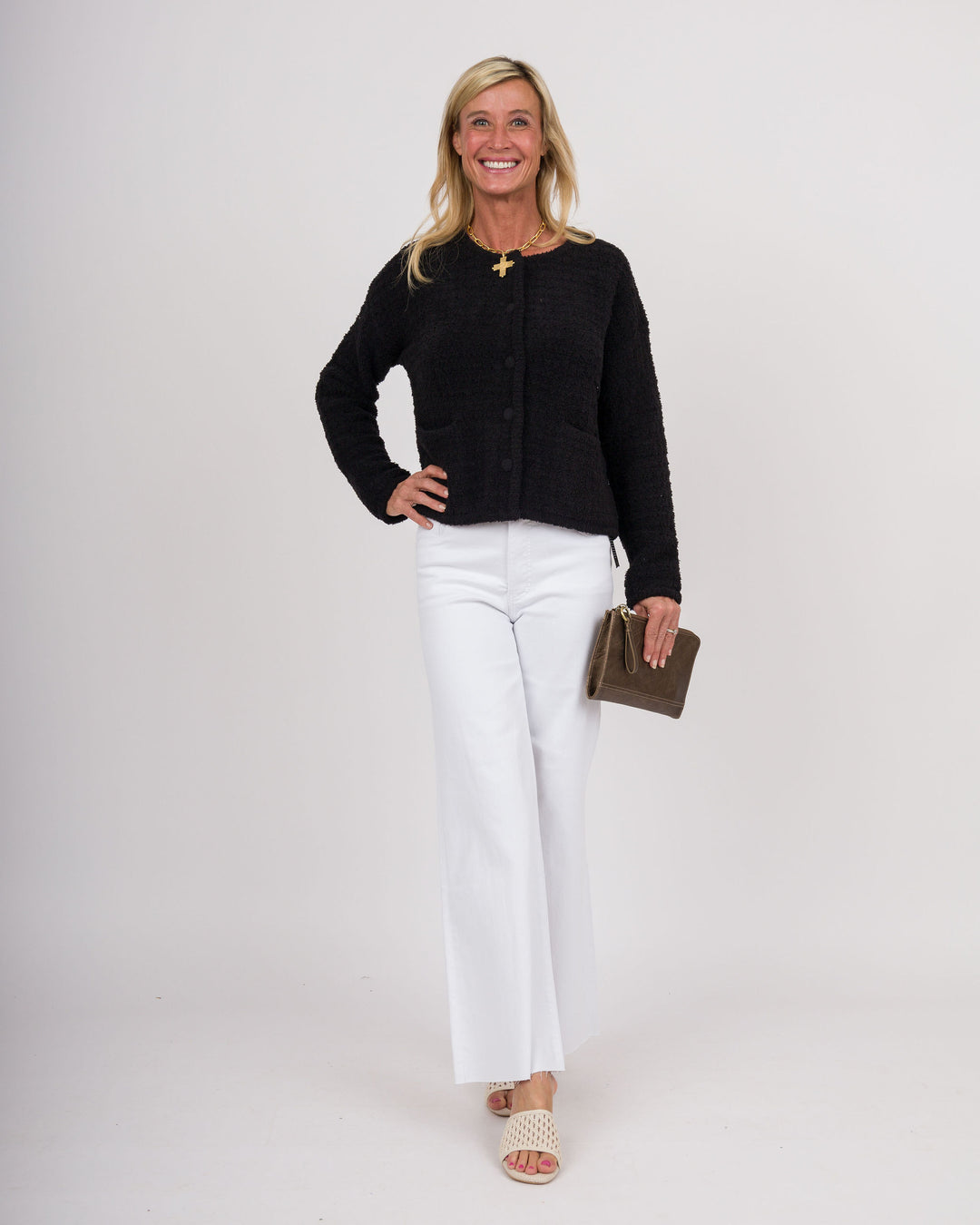 BAREFOOT DREAMS CozyChic® Textured Button Front Cardigan - Black-Final Sale