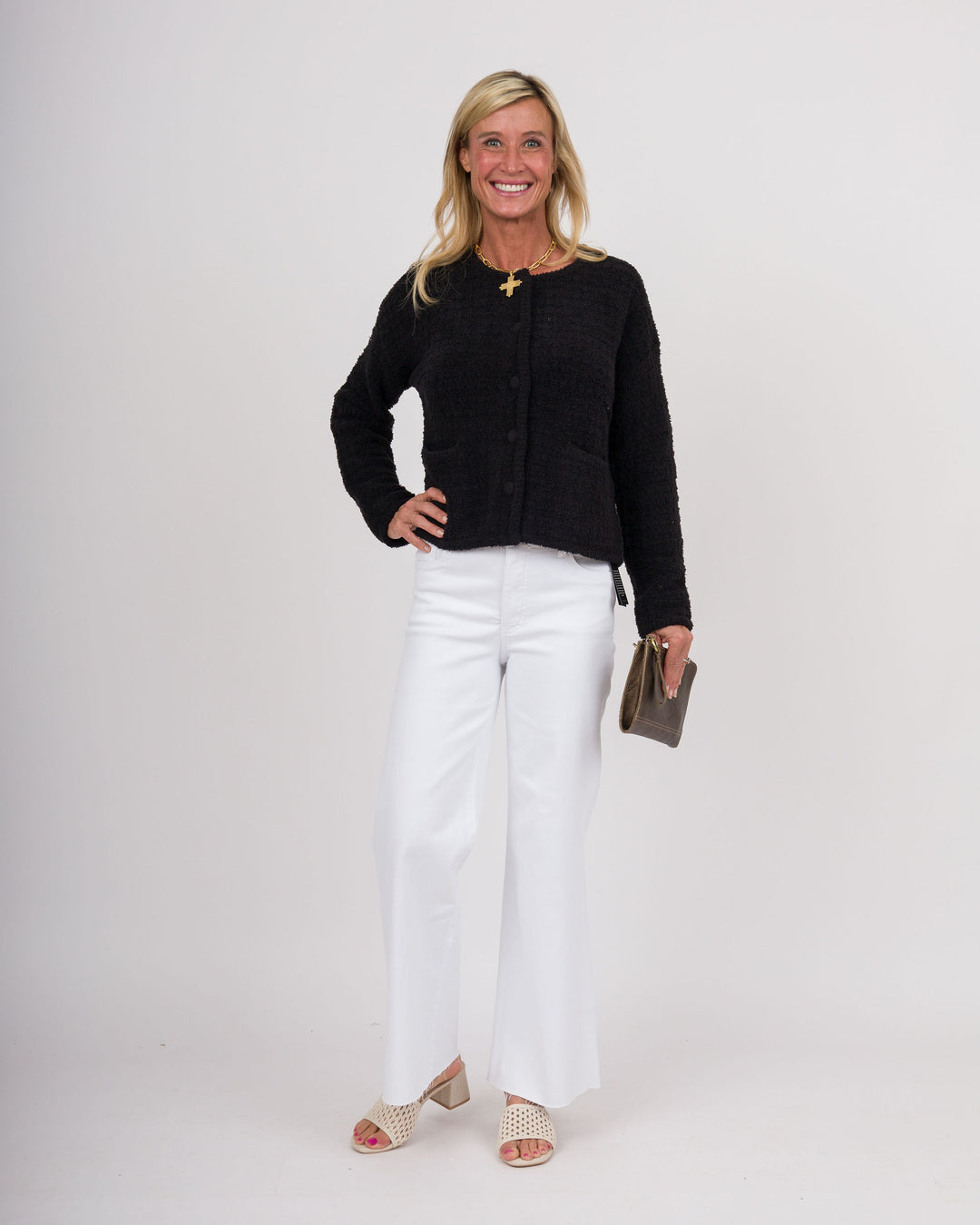 BAREFOOT DREAMS CozyChic® Textured Button Front Cardigan - Black-Final Sale