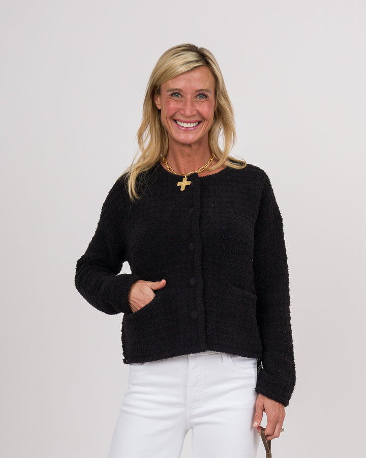 BAREFOOT DREAMS CozyChic® Textured Button Front Cardigan - Black-Final Sale