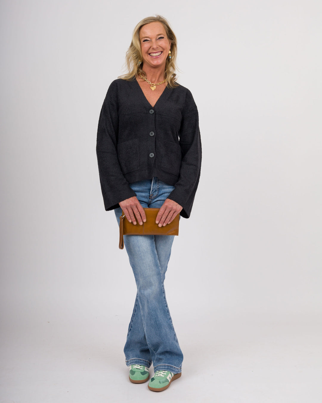 BAREFOOT DREAMS CozyChic Lite® Wide Sleeve Button Front Cardigan - Black-Final Sale