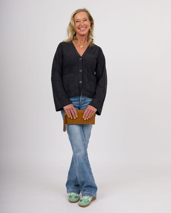 BAREFOOT DREAMS CozyChic Lite® Wide Sleeve Button Front Cardigan - Black-Final Sale