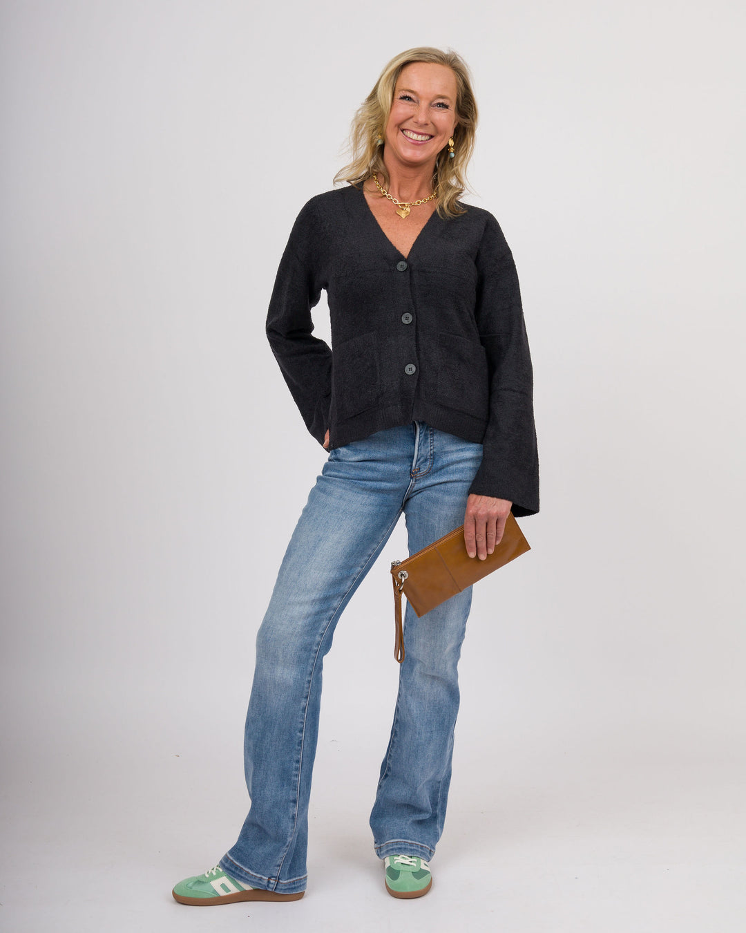 BAREFOOT DREAMS CozyChic Lite® Wide Sleeve Button Front Cardigan - Black-Final Sale