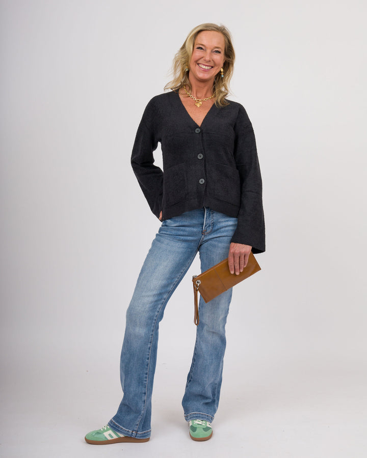 BAREFOOT DREAMS CozyChic Lite® Wide Sleeve Button Front Cardigan - Black-Final Sale