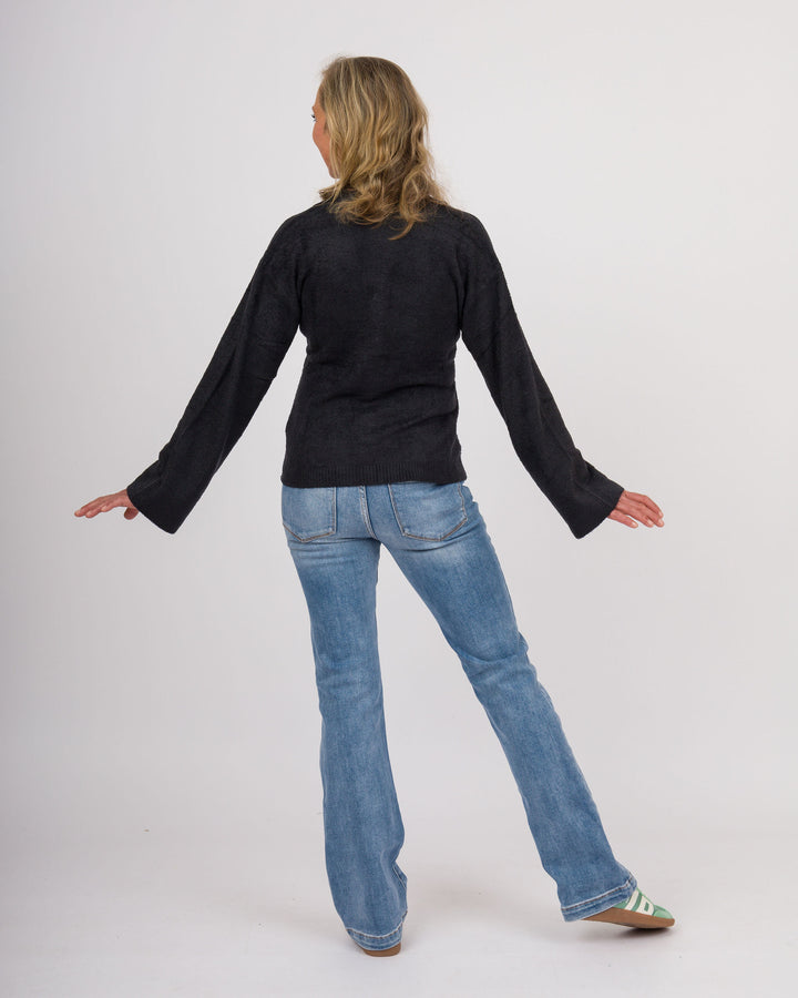 BAREFOOT DREAMS CozyChic Lite® Wide Sleeve Button Front Cardigan - Black-Final Sale