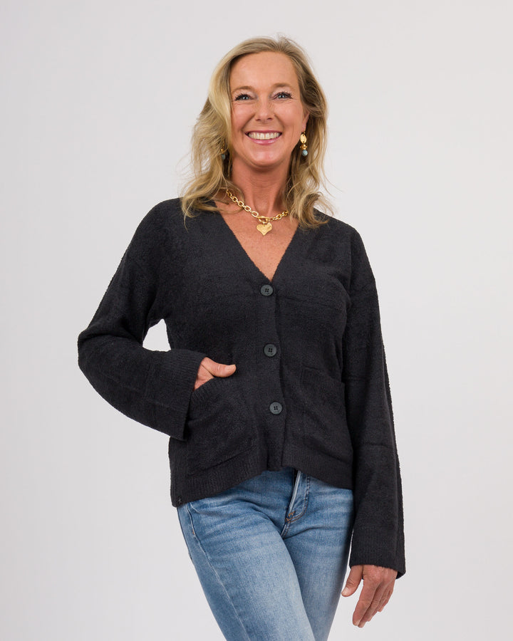 BAREFOOT DREAMS CozyChic Lite® Wide Sleeve Button Front Cardigan - Black-Final Sale