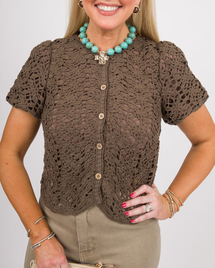 Fairfax Crochet Jacket Top - Brown