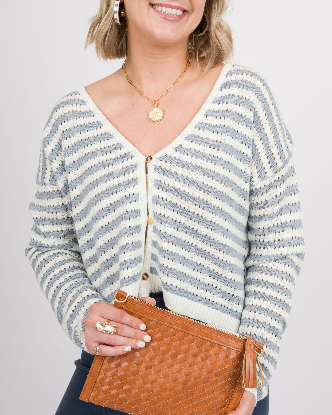 Harris Crocheted Cardigan - Blue and White