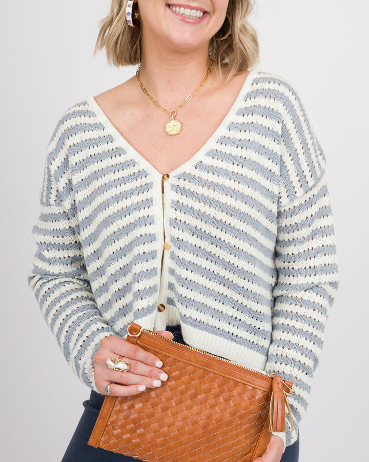 Harris Crocheted Cardigan - Blue and White