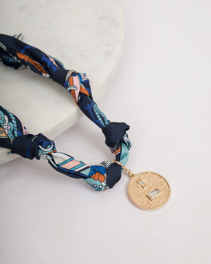 Navy Blue Knotted Scarf Necklace with Coin Pendant