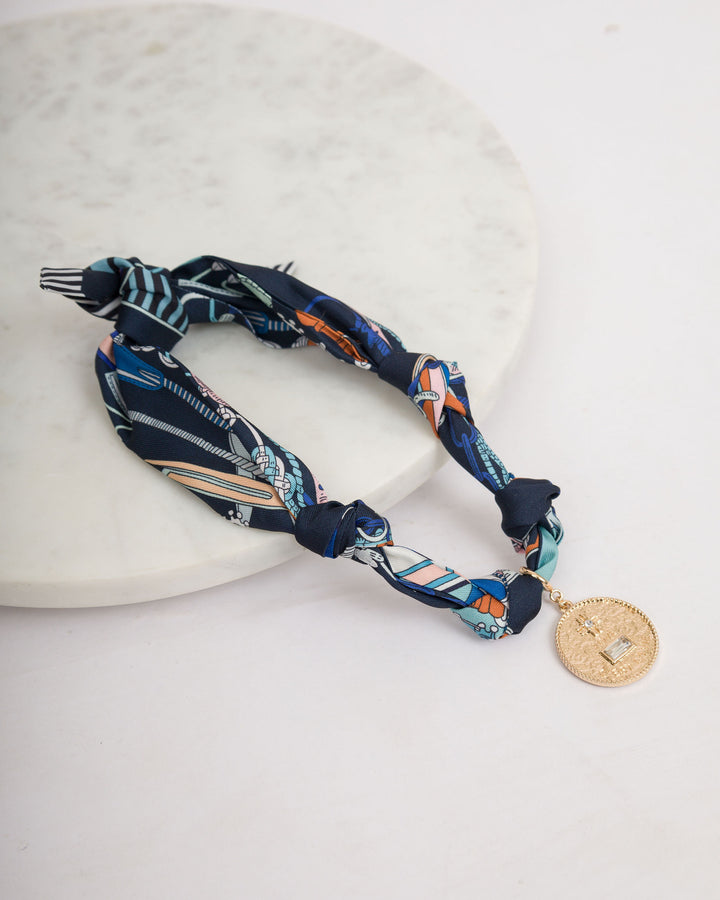 Navy Blue Knotted Scarf Necklace with Coin Pendant