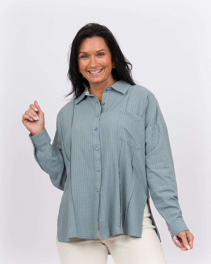 Plaid Button Down Top Blue Grey