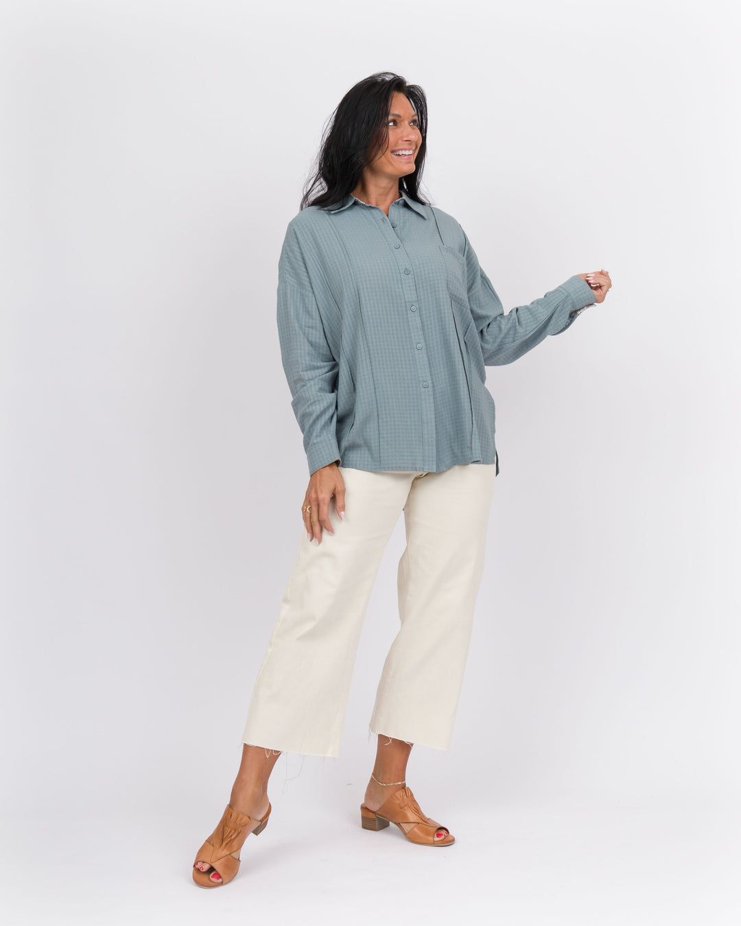 Plaid Button Down Top Blue Grey